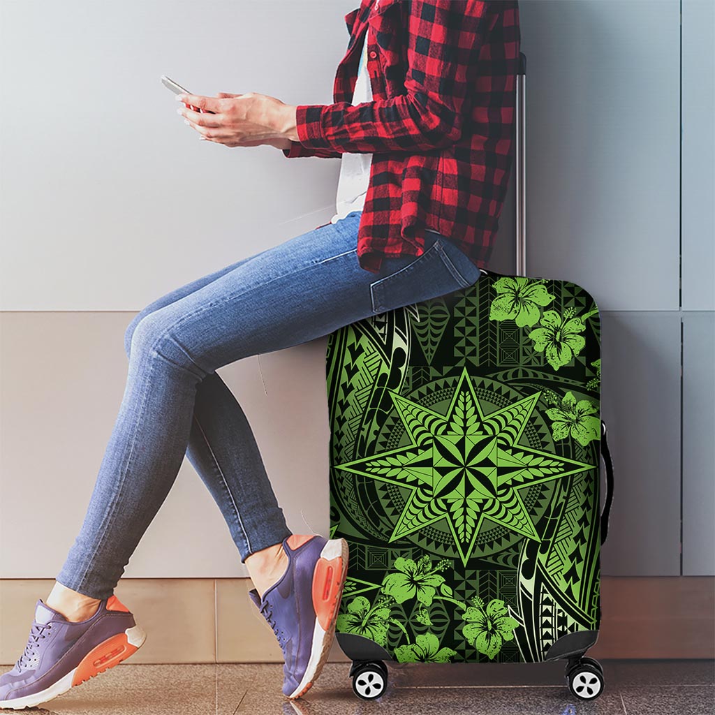 Vintage Tonga Tribal Ngatu Pattern Luggage Cover With Pacific Floral Lime Green Art LT9 - Polynesian Pride