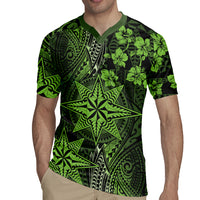 Vintage Tonga Tribal Ngatu Pattern Rugby Jersey With Pacific Floral Lime Green Art