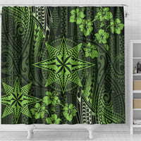 Vintage Tonga Tribal Ngatu Pattern Shower Curtain With Pacific Floral Lime Green Art