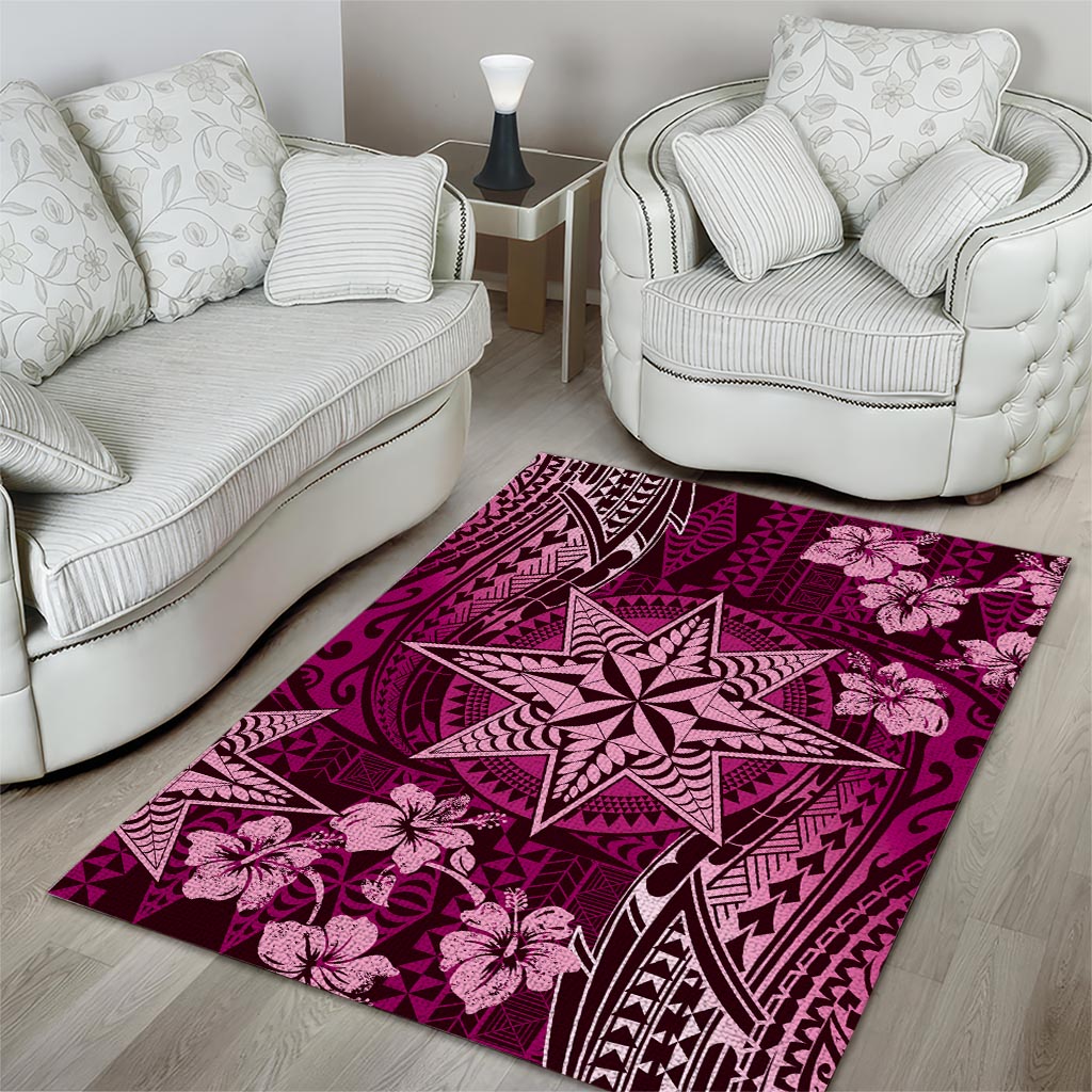 Vintage Tonga Tribal Ngatu Pattern Area Rug With Pacific Floral Pink Art