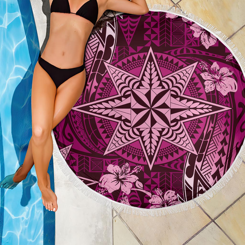 Vintage Tonga Tribal Ngatu Pattern Beach Blanket With Pacific Floral Pink Art