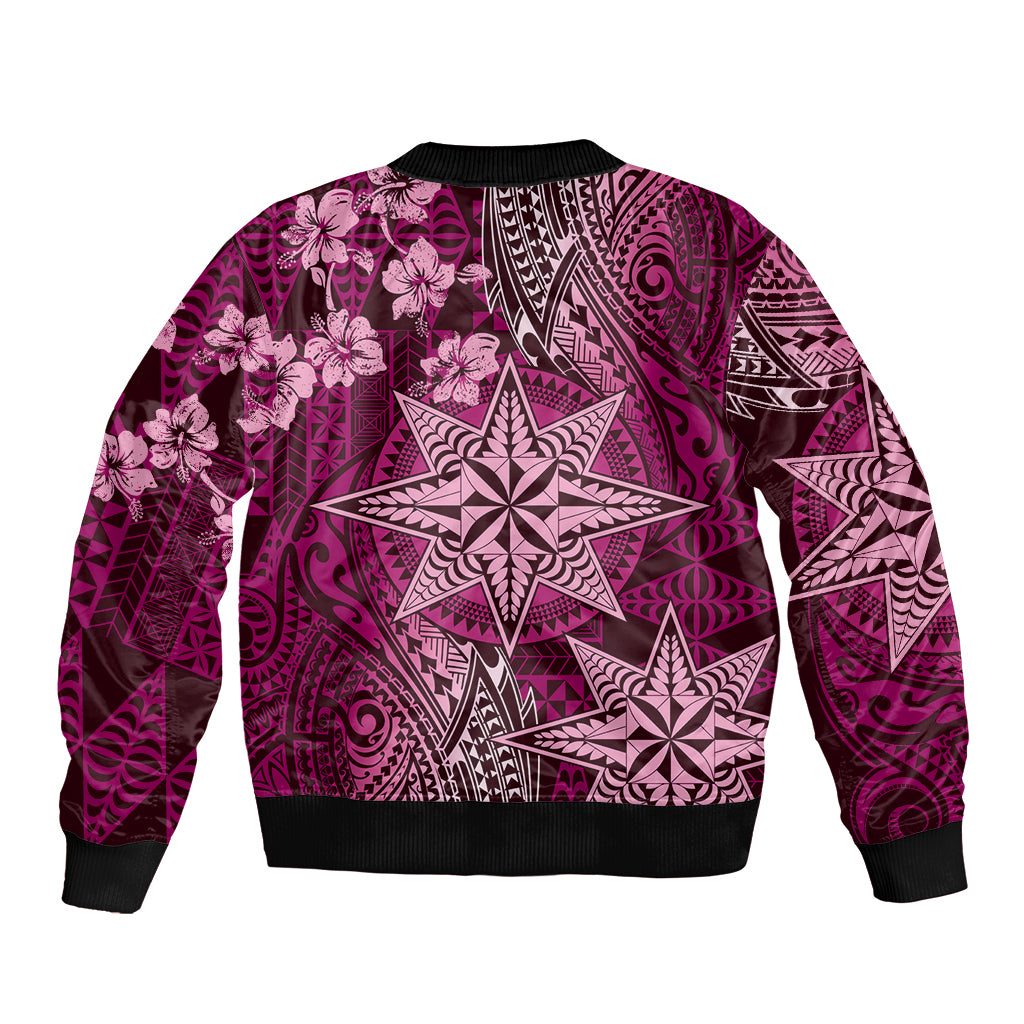 Vintage Tonga Tribal Ngatu Pattern Bomber Jacket With Pacific Floral Pink Art