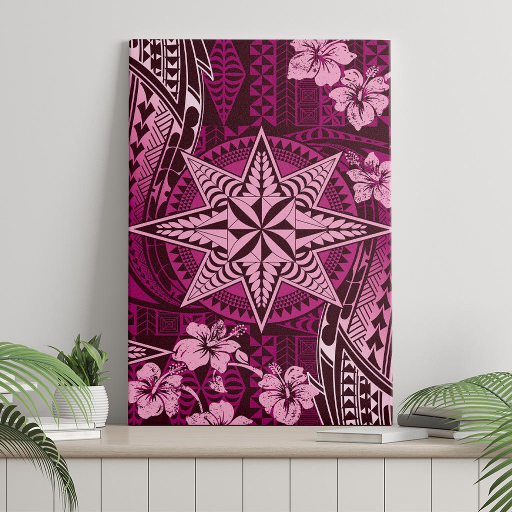 Vintage Tonga Tribal Ngatu Pattern Canvas Wall Art With Pacific Floral Pink Art