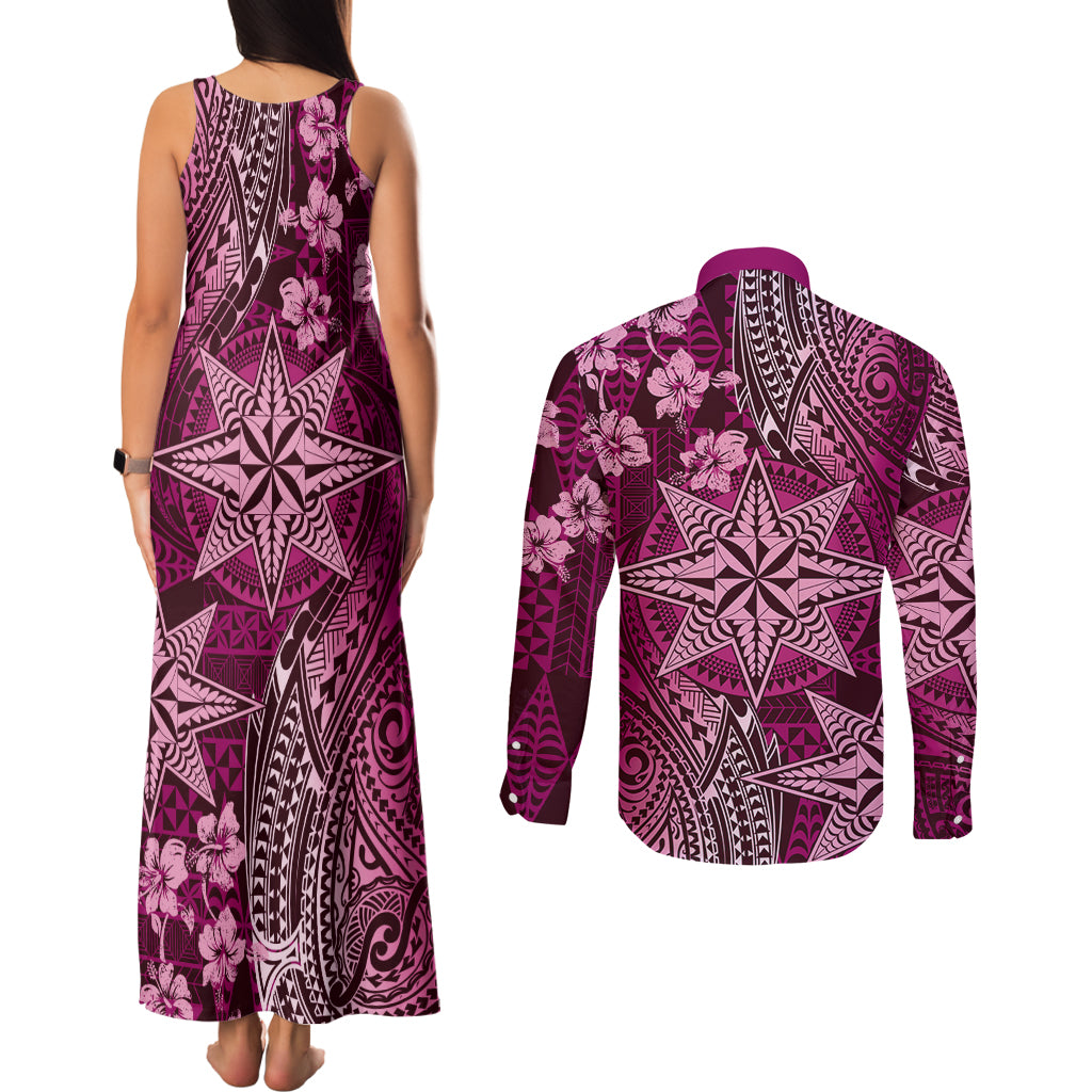 Vintage Tonga Tribal Ngatu Pattern Couples Matching Tank Maxi Dress and Long Sleeve Button Shirt With Pacific Floral Pink Art