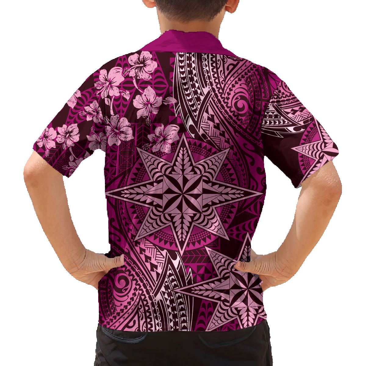 Vintage Tonga Tribal Ngatu Pattern Family Matching Puletasi and Hawaiian Shirt With Pacific Floral Pink Art