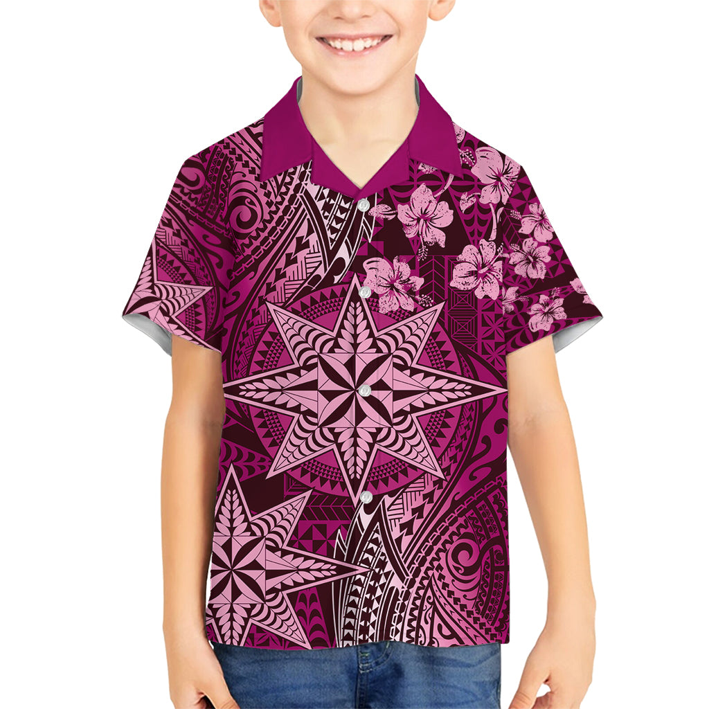 Vintage Tonga Tribal Ngatu Pattern Family Matching Tank Maxi Dress and Hawaiian Shirt With Pacific Floral Pink Art