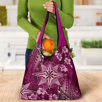 Vintage Tonga Tribal Ngatu Pattern Grocery Bag With Pacific Floral Pink Art