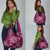 Vintage Tonga Tribal Ngatu Pattern Grocery Bag With Pacific Floral Pink Art