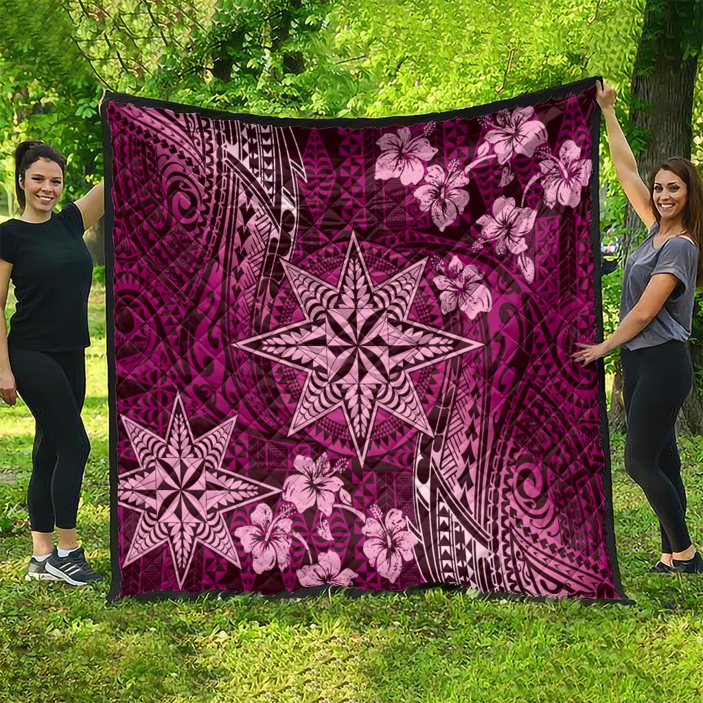 Vintage Tonga Tribal Ngatu Pattern Quilt With Pacific Floral Pink Art