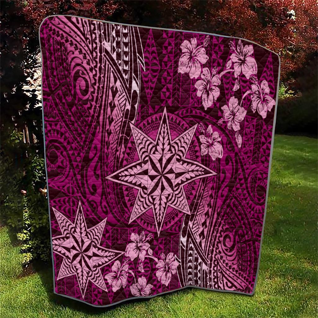 Vintage Tonga Tribal Ngatu Pattern Quilt With Pacific Floral Pink Art