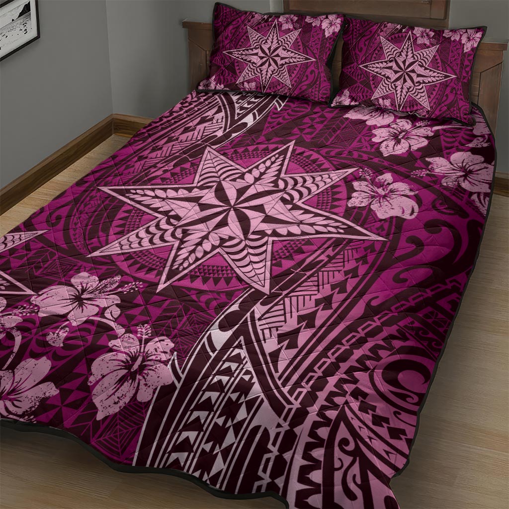 Vintage Tonga Tribal Ngatu Pattern Quilt Bed Set With Pacific Floral Pink Art