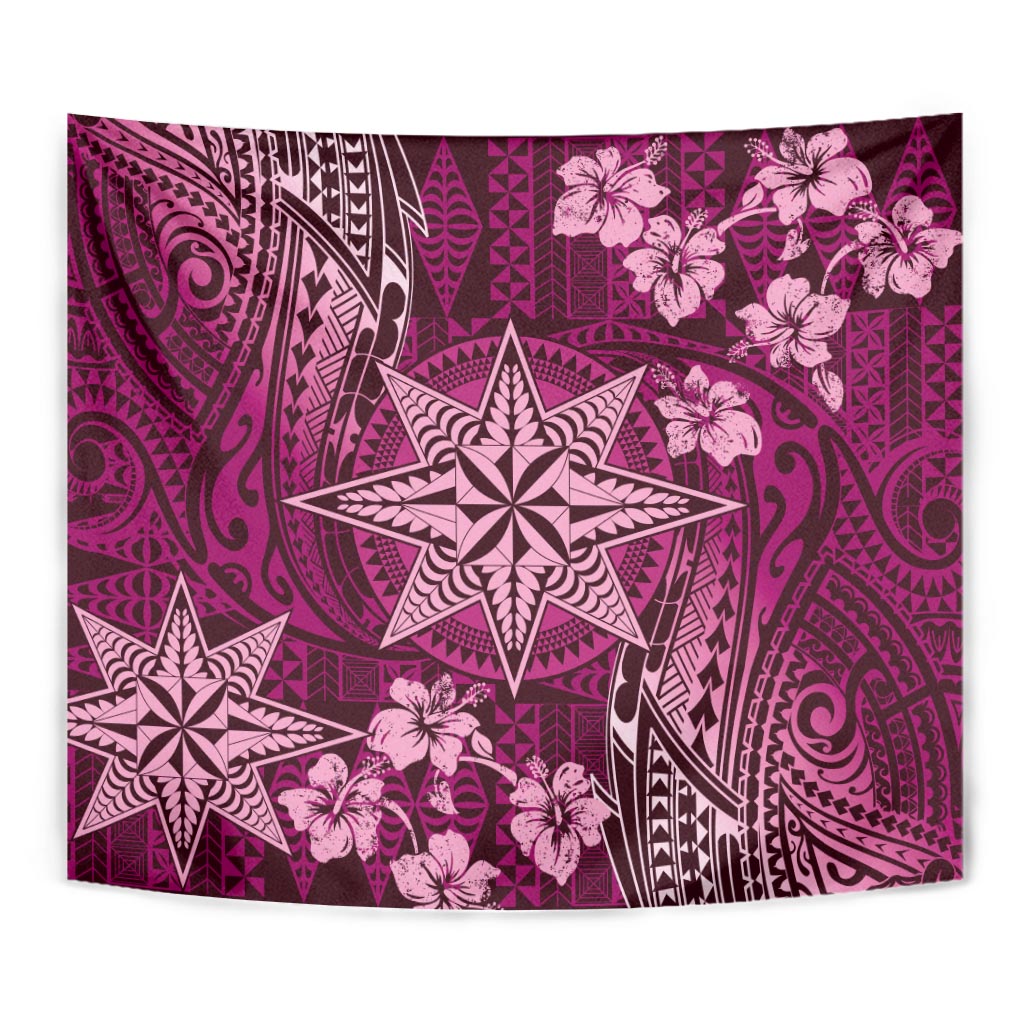 Vintage Tonga Tribal Ngatu Pattern Tapestry With Pacific Floral Pink Art