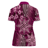 Vintage Tonga Tribal Ngatu Pattern Women Polo Shirt With Pacific Floral Pink Art