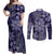 Vintage Tonga Tribal Ngatu Pattern Couples Matching Off Shoulder Maxi Dress and Long Sleeve Button Shirt With Pacific Floral Pink Art