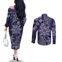 Vintage Tonga Tribal Ngatu Pattern Couples Matching Off The Shoulder Long Sleeve Dress and Long Sleeve Button Shirt With Pacific Floral Pink Art
