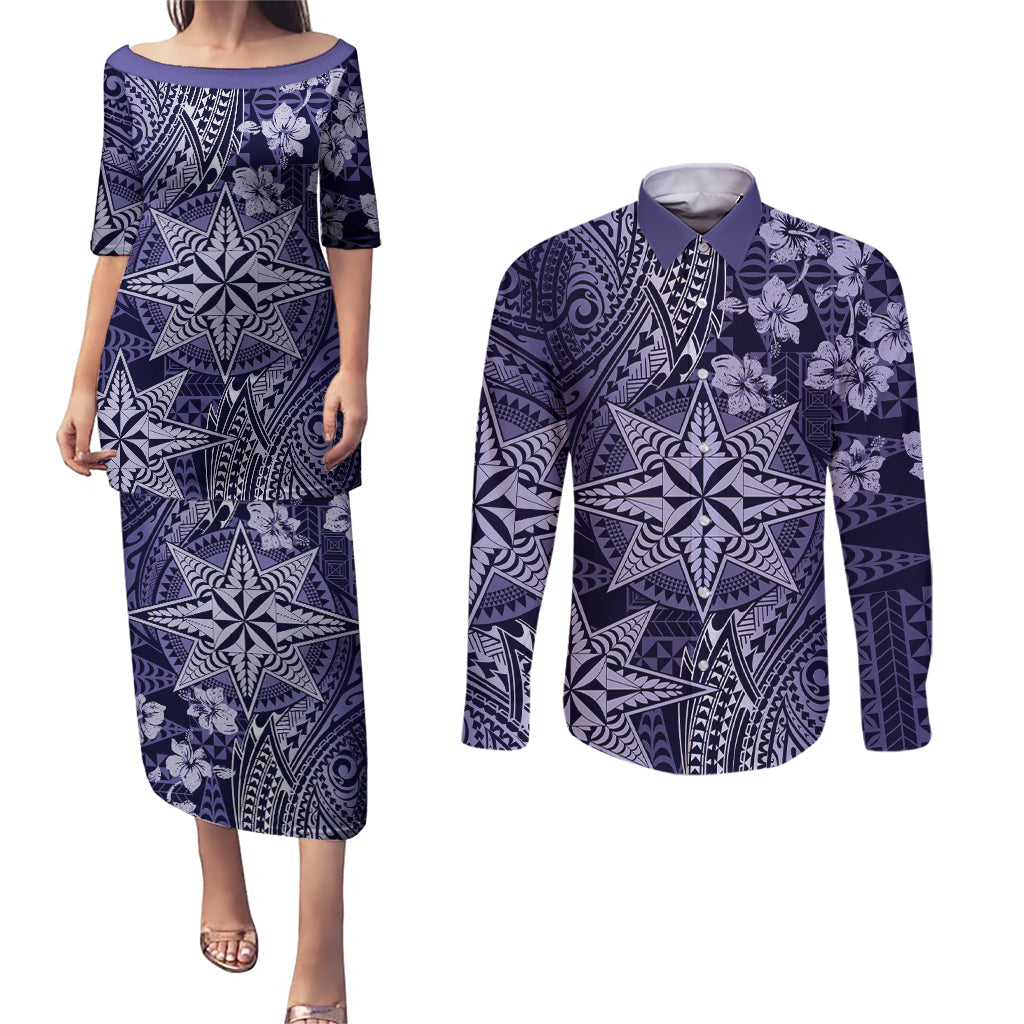 Vintage Tonga Tribal Ngatu Pattern Couples Matching Puletasi and Long Sleeve Button Shirt With Pacific Floral Pink Art