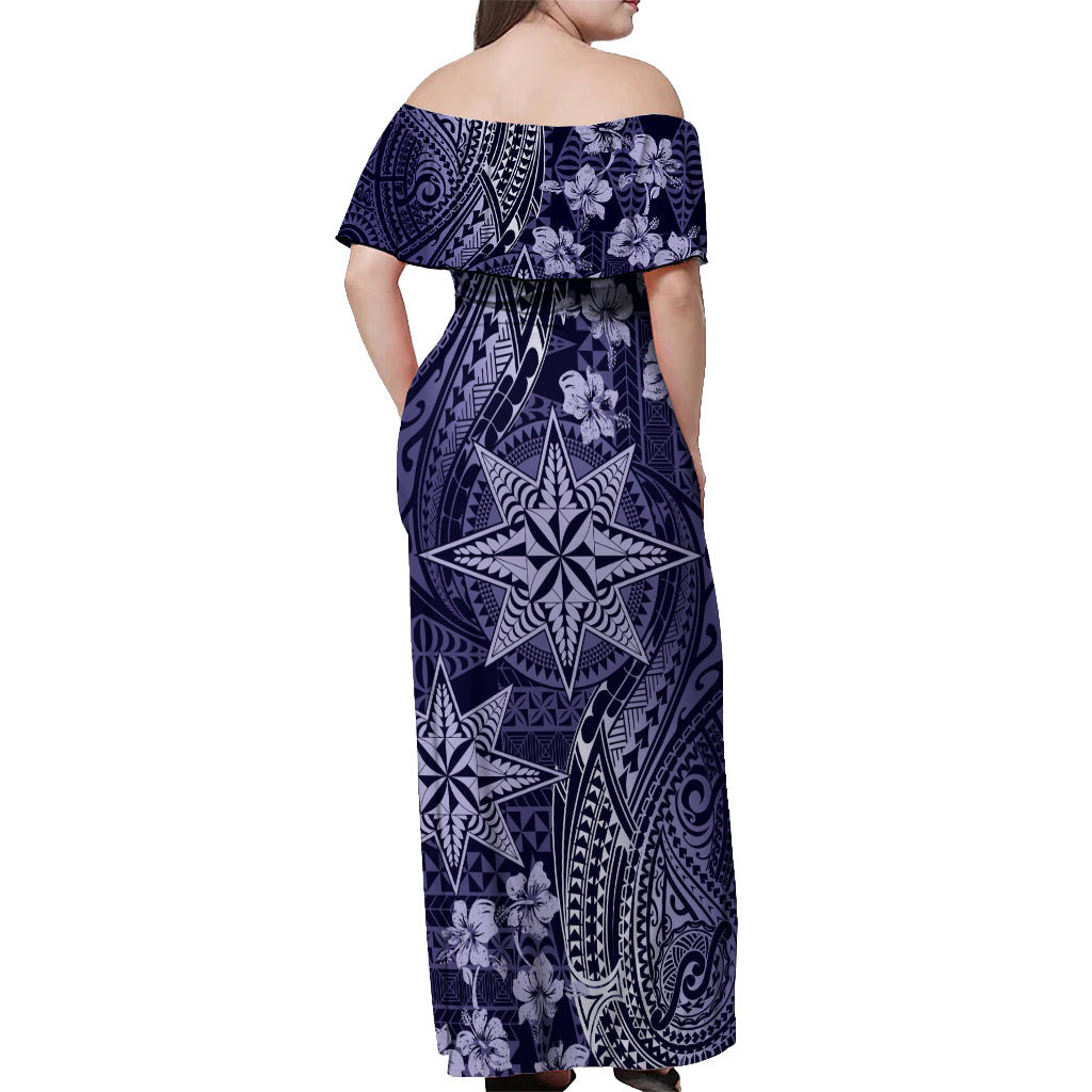 Vintage Tonga Tribal Ngatu Pattern Off Shoulder Maxi Dress With Pacific Floral Pink Art LT9 - Polynesian Pride