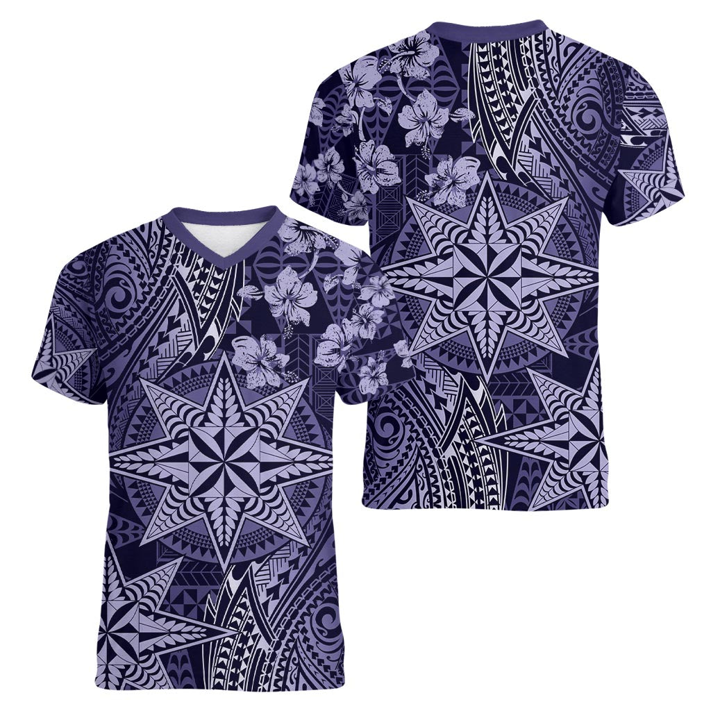 Vintage Tonga Tribal Ngatu Pattern Women V-Neck T-Shirt With Pacific Floral Pink Art