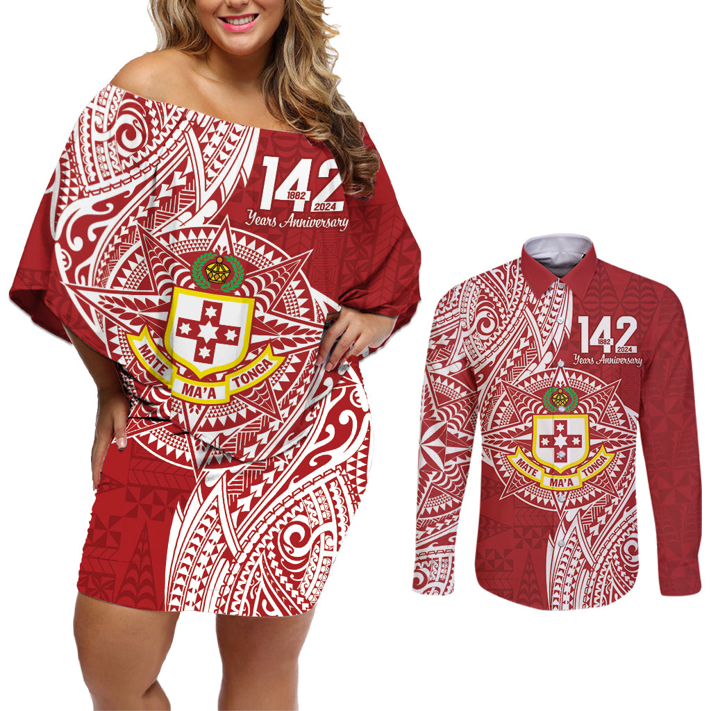 Personalised Kolisi Tonga Atele 142nd Anniversary Couples Matching Off Shoulder Short Dress and Long Sleeve Button Shirt Special Kupesi Pattern LT9 White - Polynesian Pride