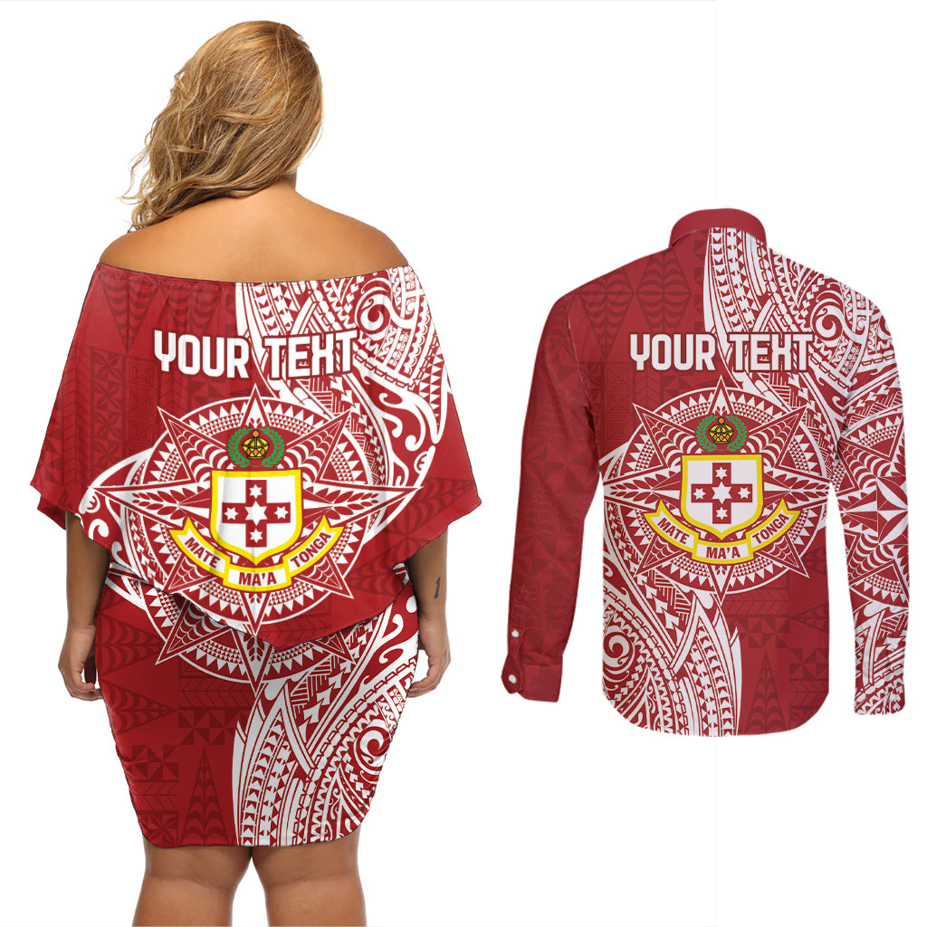 Personalised Kolisi Tonga Atele 142nd Anniversary Couples Matching Off Shoulder Short Dress and Long Sleeve Button Shirt Special Kupesi Pattern LT9 - Polynesian Pride