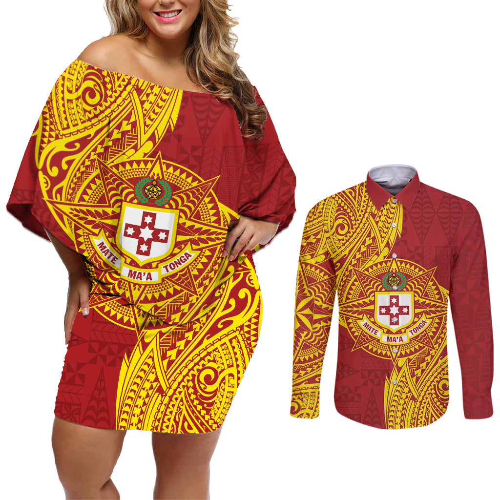 Personalised Kolisi Tonga Atele Couples Matching Off Shoulder Short Dress and Long Sleeve Button Shirt Since 1882 Simple Ngatu Pattern LT9 Gold - Polynesian Pride
