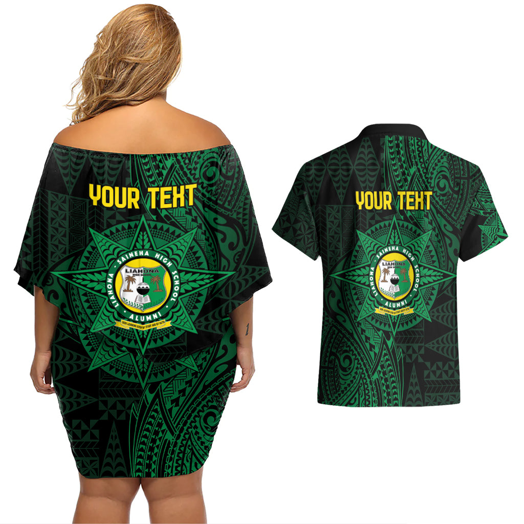 Personalised Tonga Liahona High School 76th Anniversary Couples Matching Off Shoulder Short Dress and Hawaiian Shirt Special Kupesi Pattern