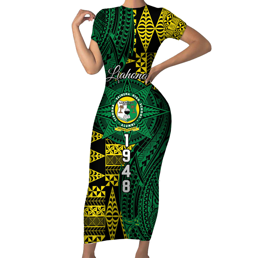 Personalised Tonga Liahona High School Family Matching Short Sleeve Bodycon Dress and Hawaiian Shirt Since 1948 Special Kupesi Pattern