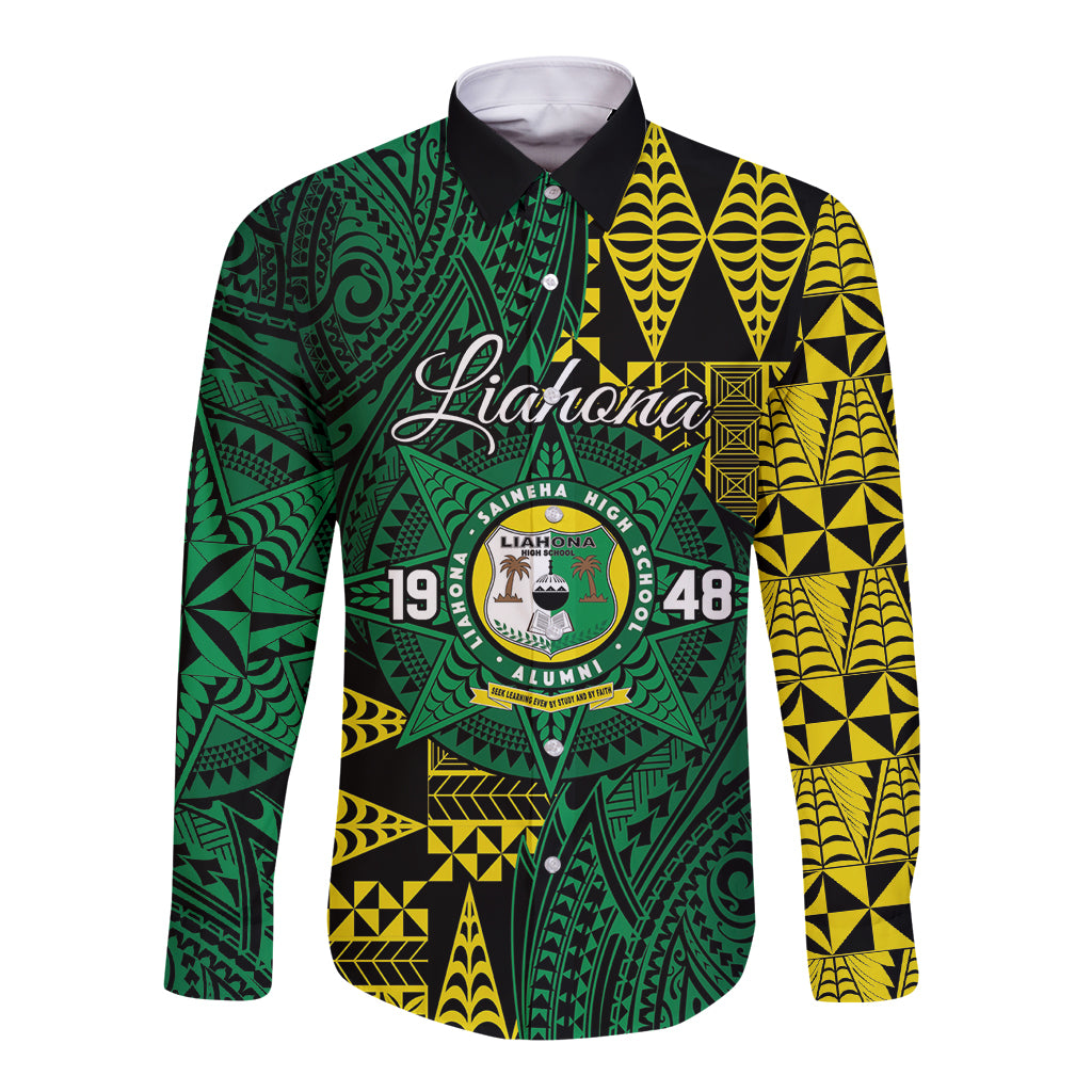 Personalised Tonga Liahona High School Long Sleeve Button Shirt Since 1948 Special Kupesi Pattern LT9 Unisex Green - Polynesian Pride