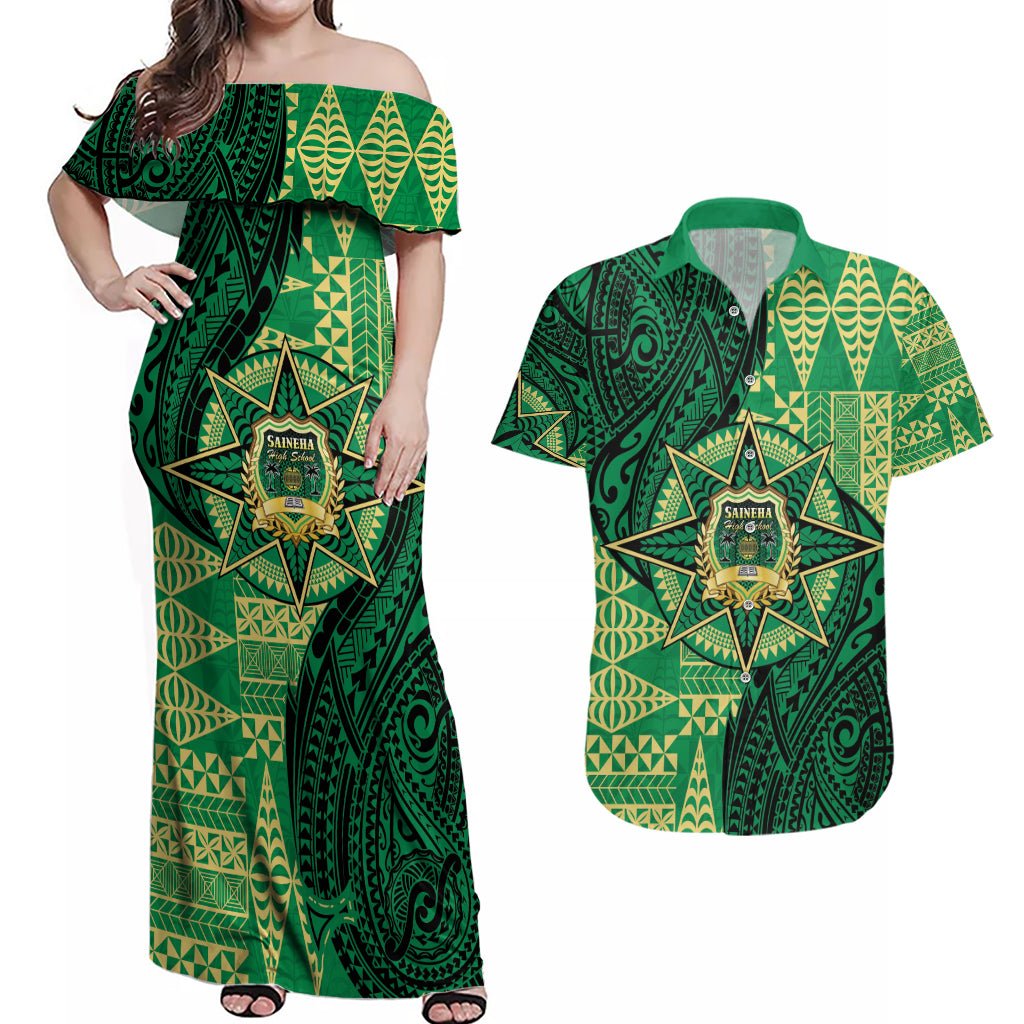 Personalised Tonga Saineha High School Couples Matching Off Shoulder Maxi Dress and Hawaiian Shirt Since 1978 Special Kupesi Pattern LT9 Green - Polynesian Pride
