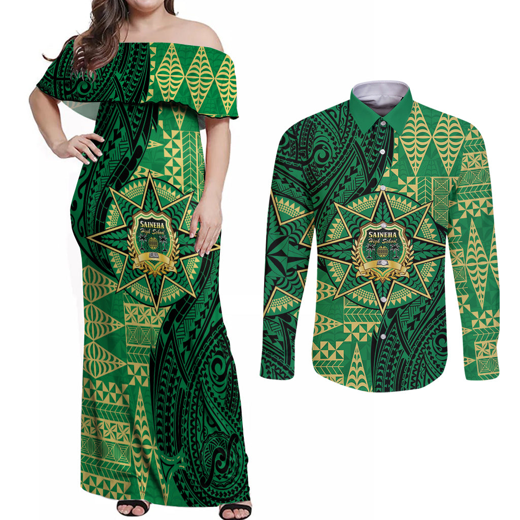 Personalised Tonga Saineha High School Couples Matching Off Shoulder Maxi Dress and Long Sleeve Button Shirt Since 1978 Special Kupesi Pattern LT9 Green - Polynesian Pride