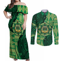 Personalised Tonga Saineha High School Couples Matching Off Shoulder Maxi Dress and Long Sleeve Button Shirt Since 1978 Special Kupesi Pattern LT9 Green - Polynesian Pride
