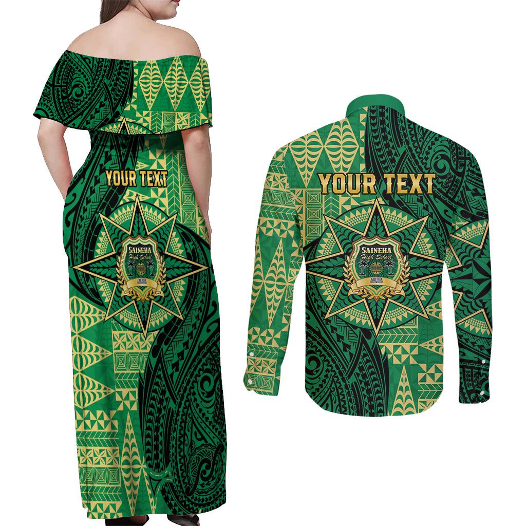 Personalised Tonga Saineha High School Couples Matching Off Shoulder Maxi Dress and Long Sleeve Button Shirt Since 1978 Special Kupesi Pattern LT9 - Polynesian Pride