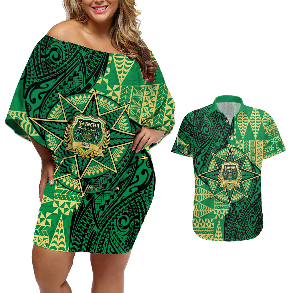 Personalised Tonga Saineha High School Couples Matching Off Shoulder Short Dress and Hawaiian Shirt Since 1978 Special Kupesi Pattern LT9 Green - Polynesian Pride