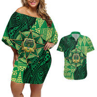 Personalised Tonga Saineha High School Couples Matching Off Shoulder Short Dress and Hawaiian Shirt Since 1978 Special Kupesi Pattern LT9 Green - Polynesian Pride