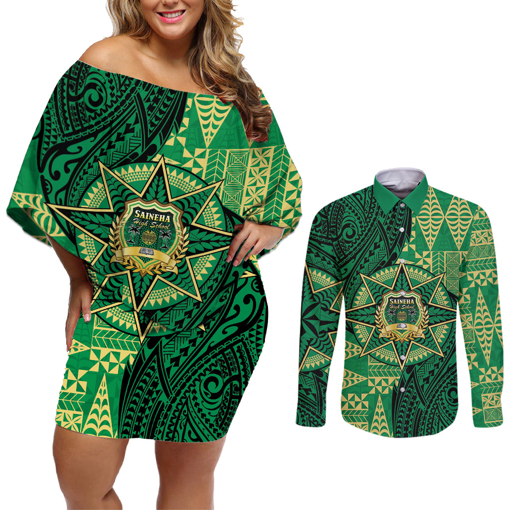 Personalised Tonga Saineha High School Couples Matching Off Shoulder Short Dress and Long Sleeve Button Shirt Since 1978 Special Kupesi Pattern LT9 Green - Polynesian Pride