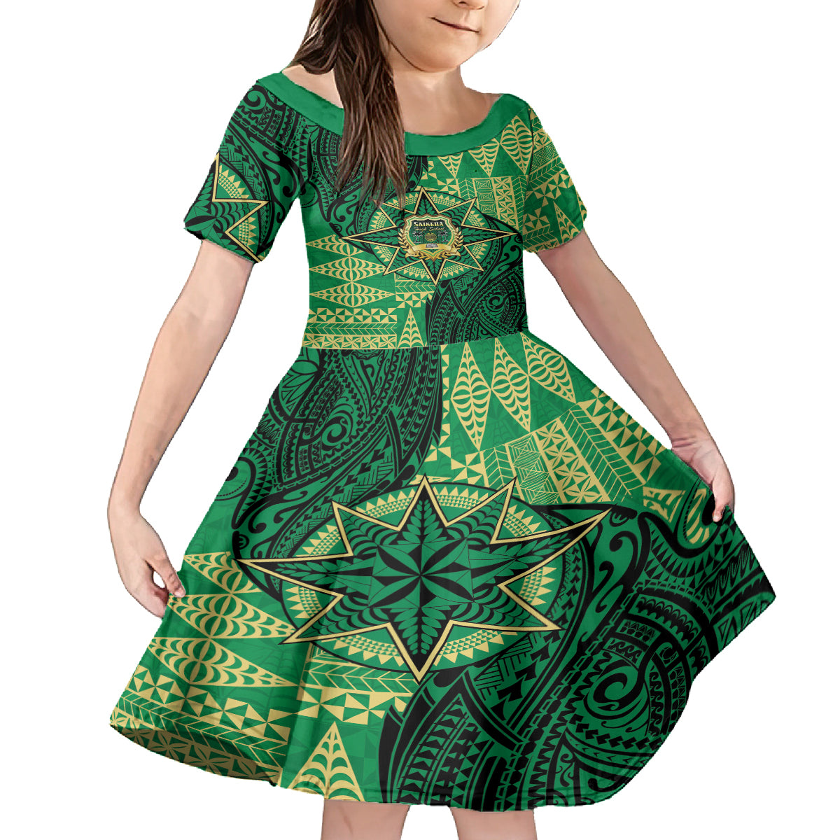 Personalised Tonga Saineha High School Family Matching Off The Shoulder Long Sleeve Dress and Hawaiian Shirt Since 1978 Special Kupesi Pattern LT9 Daughter's Dress Green - Polynesian Pride
