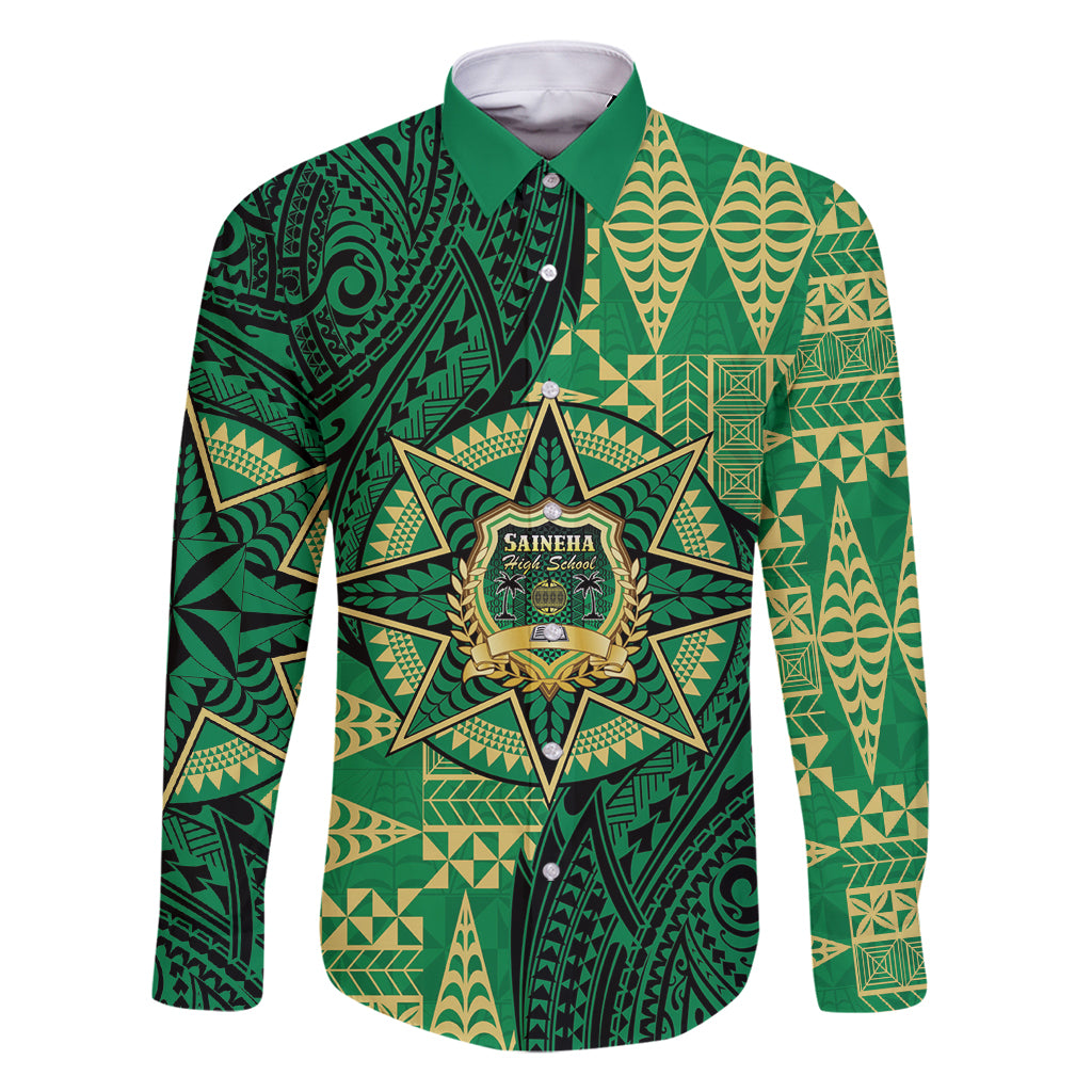 Personalised Tonga Saineha High School Family Matching Off Shoulder Maxi Dress and Hawaiian Shirt Since 1978 Special Kupesi Pattern LT9 Dad's Shirt - Long Sleeve Green - Polynesian Pride