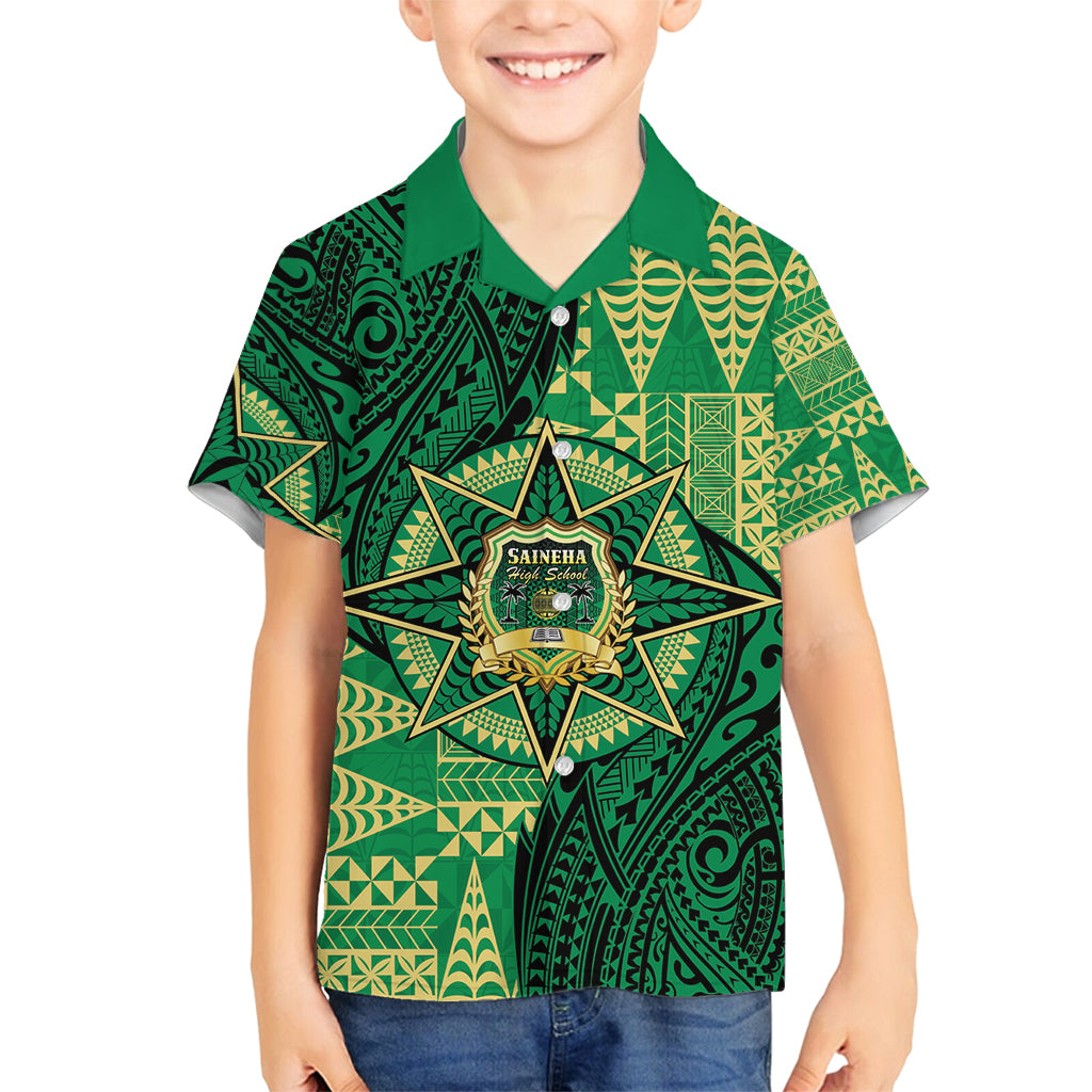 Personalised Tonga Saineha High School Family Matching Off Shoulder Maxi Dress and Hawaiian Shirt Since 1978 Special Kupesi Pattern LT9 Son's Shirt Green - Polynesian Pride