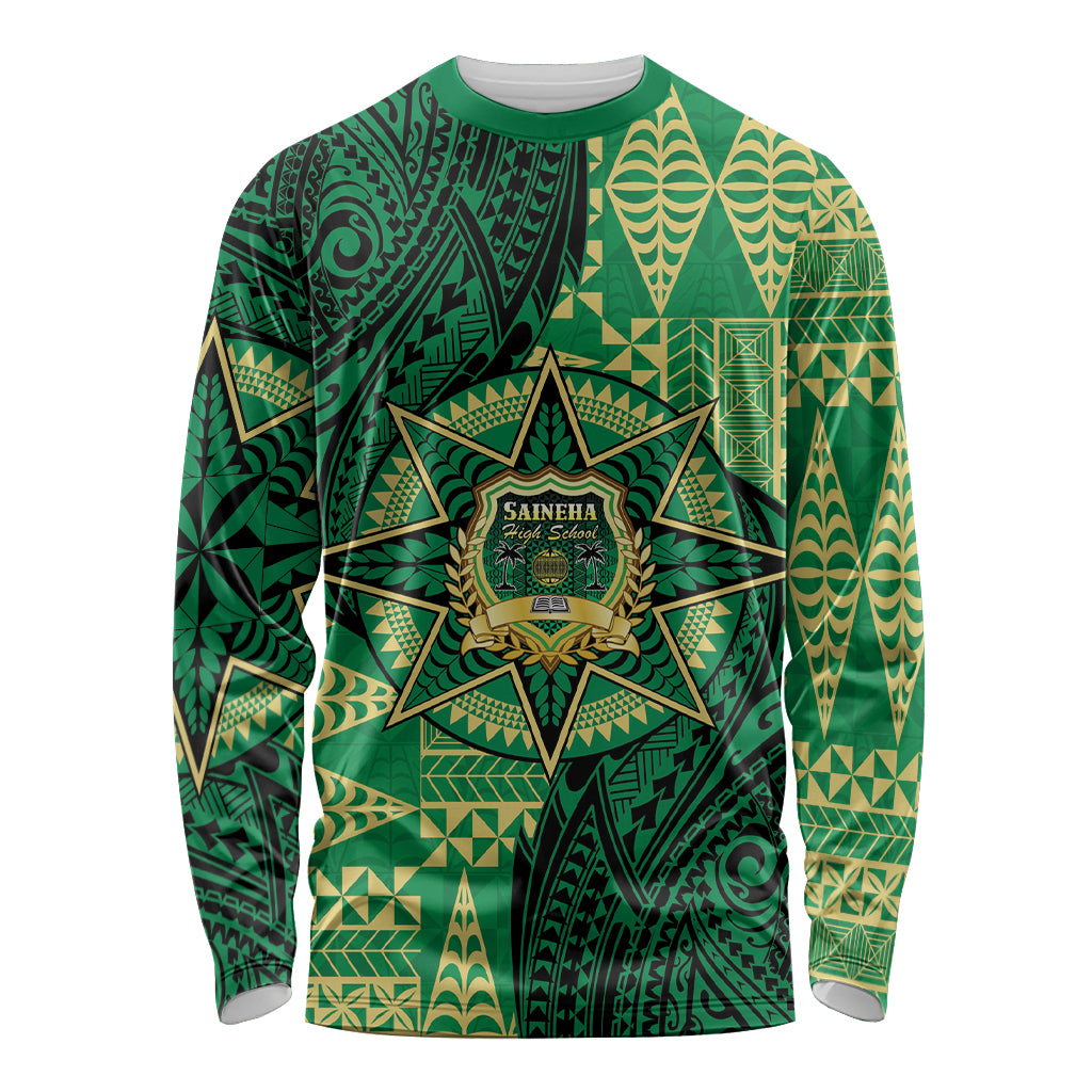 Personalised Tonga Saineha High School Long Sleeve Shirt Since 1978 Special Kupesi Pattern LT9 Unisex Green - Polynesian Pride