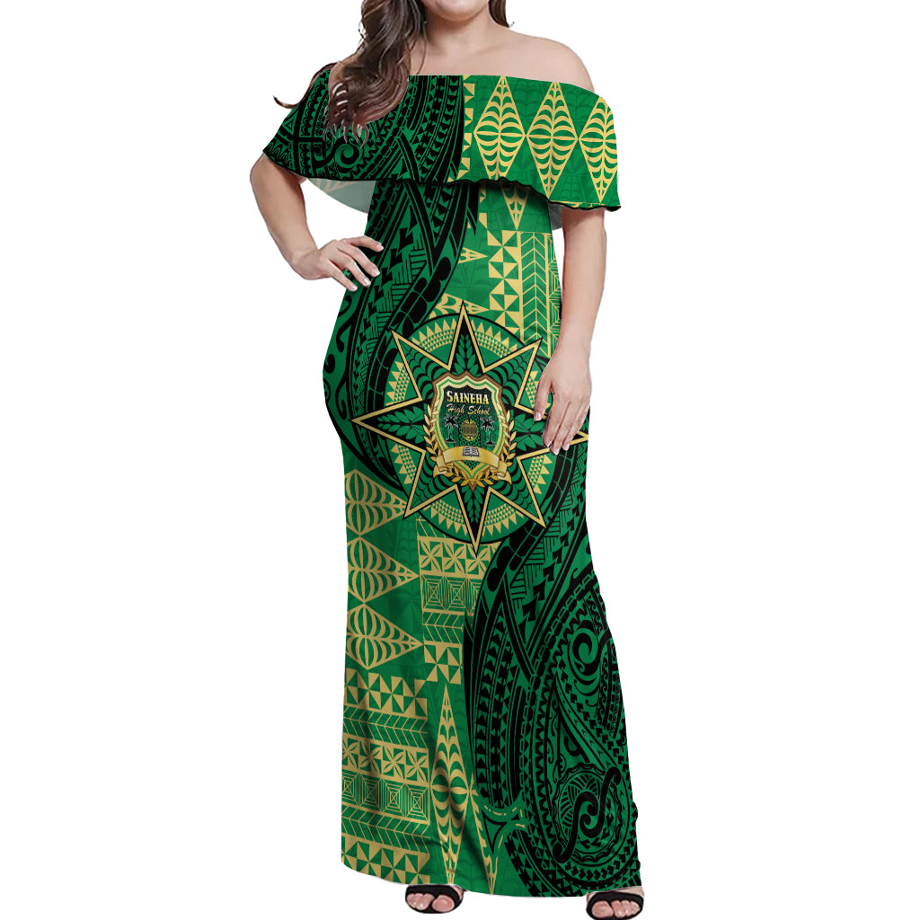 Personalised Tonga Saineha High School Off Shoulder Maxi Dress Since 1978 Special Kupesi Pattern LT9 Women Green - Polynesian Pride