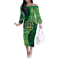 Personalised Tonga Saineha High School Off The Shoulder Long Sleeve Dress Since 1978 Special Kupesi Pattern LT9 Women Green - Polynesian Pride