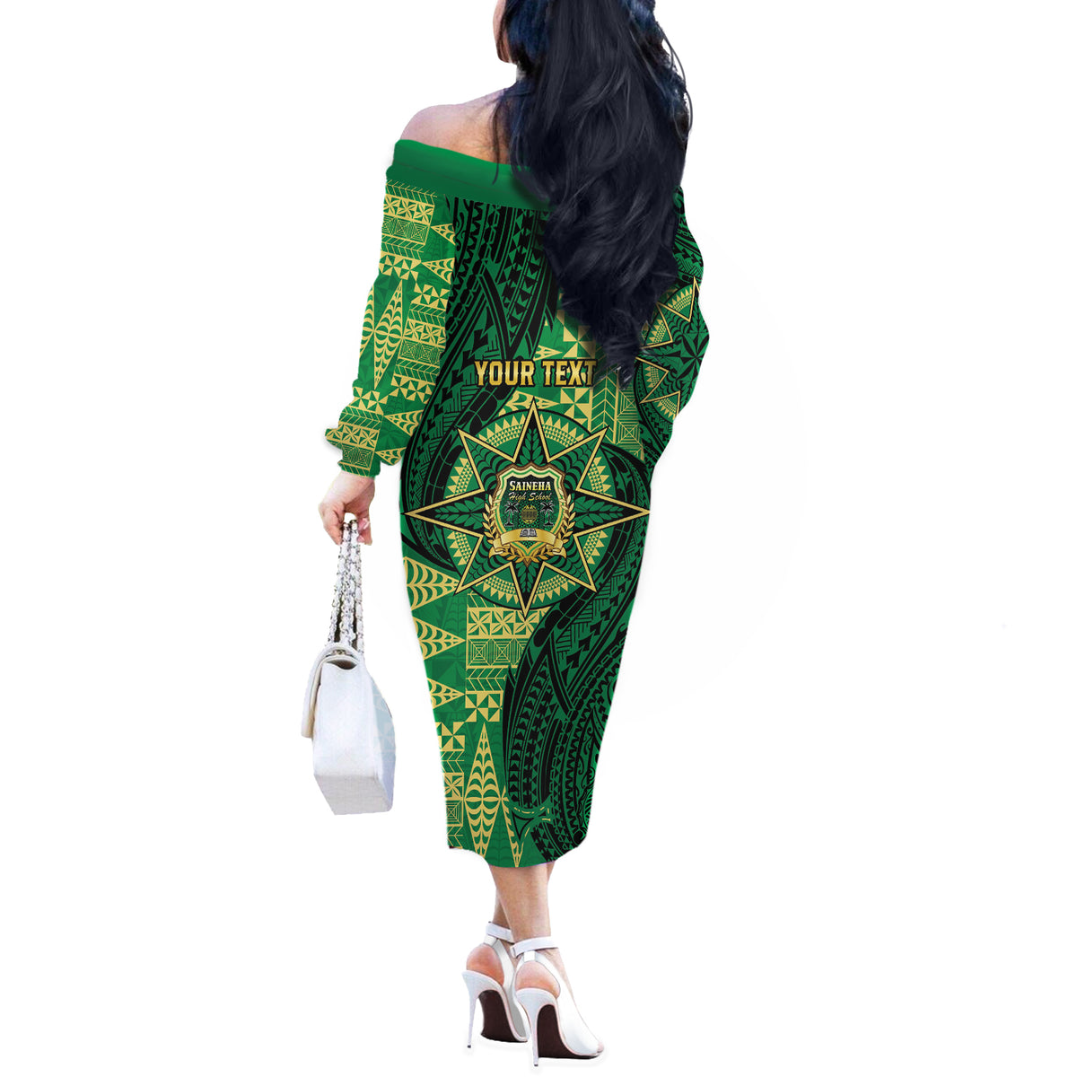 Personalised Tonga Saineha High School Off The Shoulder Long Sleeve Dress Since 1978 Special Kupesi Pattern LT9 - Polynesian Pride