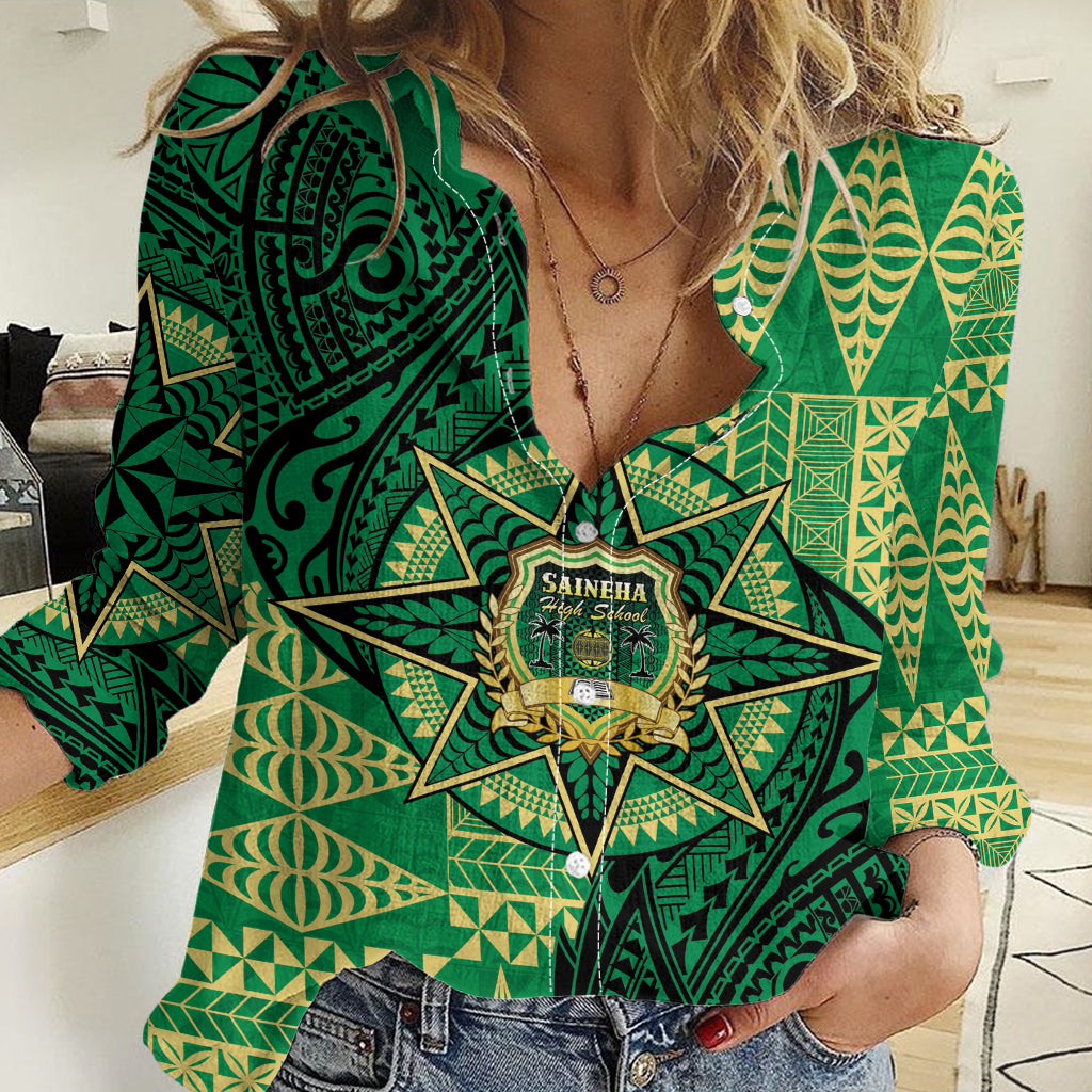 Personalised Tonga Saineha High School Women Casual Shirt Since 1978 Special Kupesi Pattern LT9 Female Green - Polynesian Pride