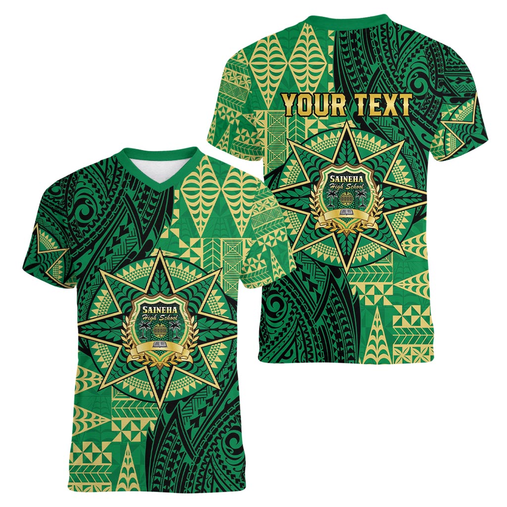 Personalised Tonga Saineha High School Women V-Neck T-Shirt Since 1978 Special Kupesi Pattern LT9 - Polynesian Pride