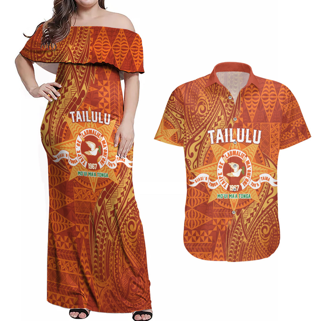 Personalised Tonga Tailulu College Couples Matching Off Shoulder Maxi Dress and Hawaiian Shirt Since 1967 Special Kupesi Pattern Version 1 LT9 Gold - Polynesian Pride