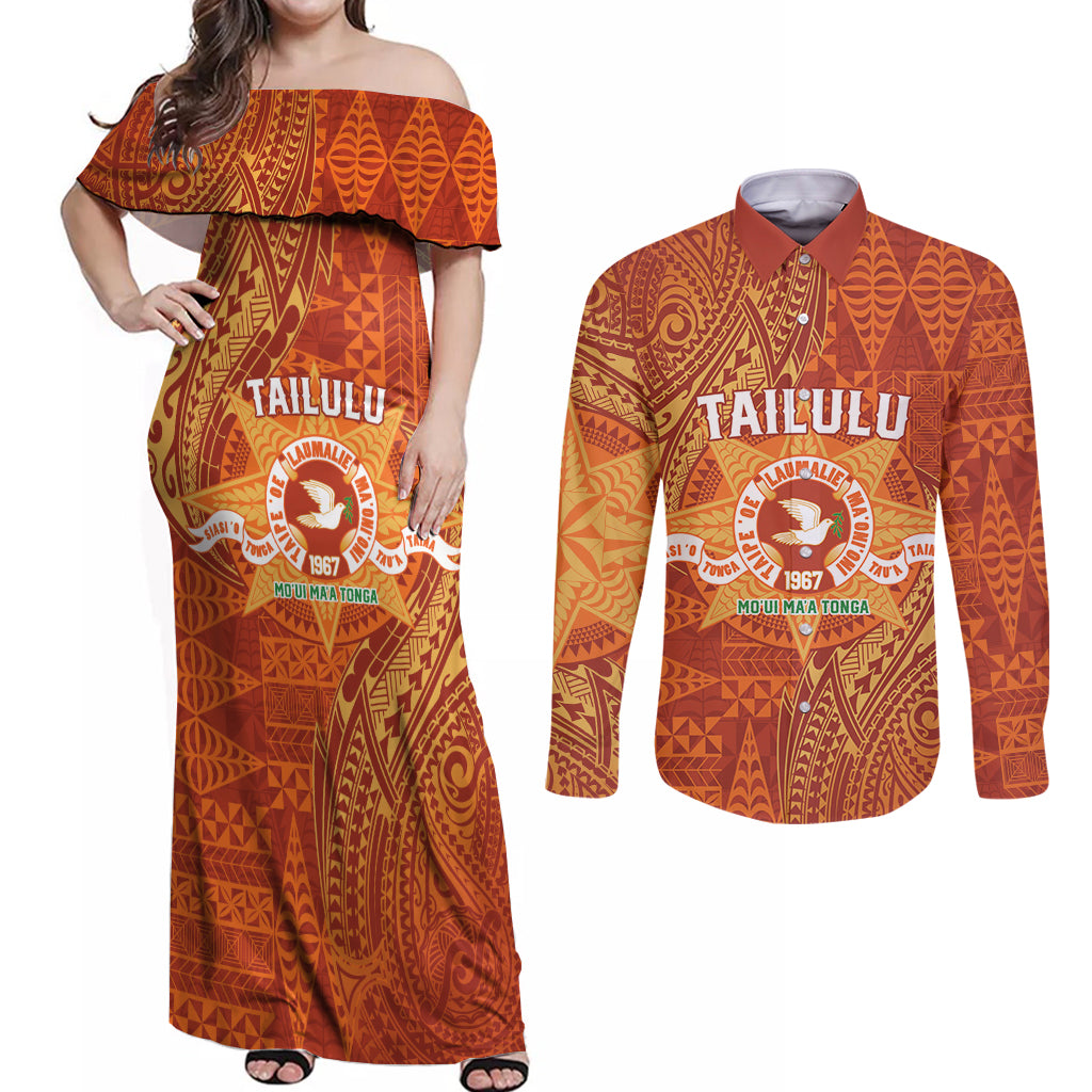 Personalised Tonga Tailulu College Couples Matching Off Shoulder Maxi Dress and Long Sleeve Button Shirt Since 1967 Special Kupesi Pattern Version 1 LT9 Gold - Polynesian Pride