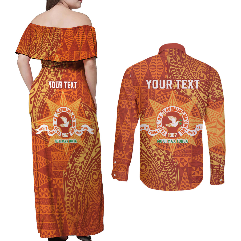 Personalised Tonga Tailulu College Couples Matching Off Shoulder Maxi Dress and Long Sleeve Button Shirt Since 1967 Special Kupesi Pattern Version 1 LT9 - Polynesian Pride