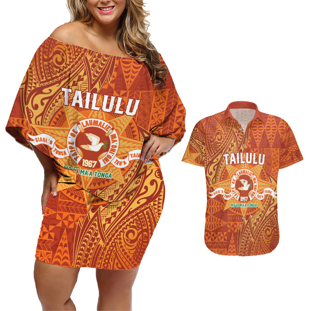 Personalised Tonga Tailulu College Couples Matching Off Shoulder Short Dress and Hawaiian Shirt Since 1967 Special Kupesi Pattern Version 1 LT9 Gold - Polynesian Pride