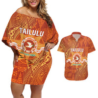 Personalised Tonga Tailulu College Couples Matching Off Shoulder Short Dress and Hawaiian Shirt Since 1967 Special Kupesi Pattern Version 1 LT9 Gold - Polynesian Pride
