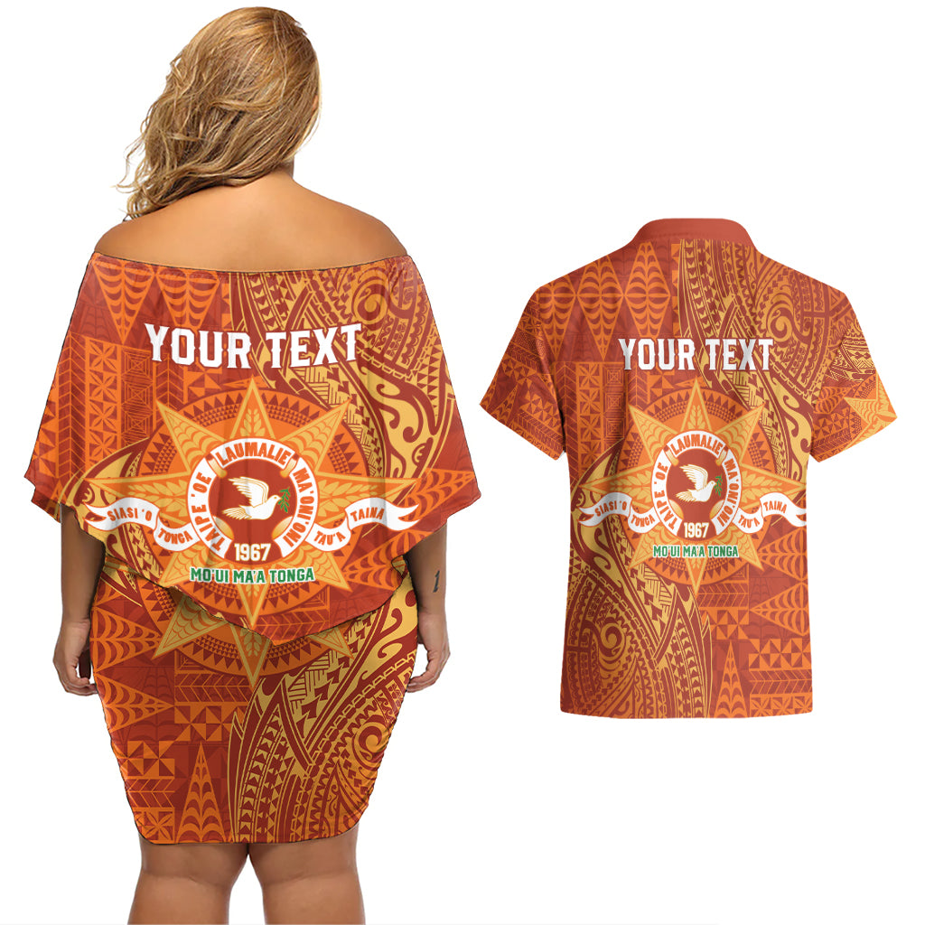 Personalised Tonga Tailulu College Couples Matching Off Shoulder Short Dress and Hawaiian Shirt Since 1967 Special Kupesi Pattern Version 1 LT9 - Polynesian Pride